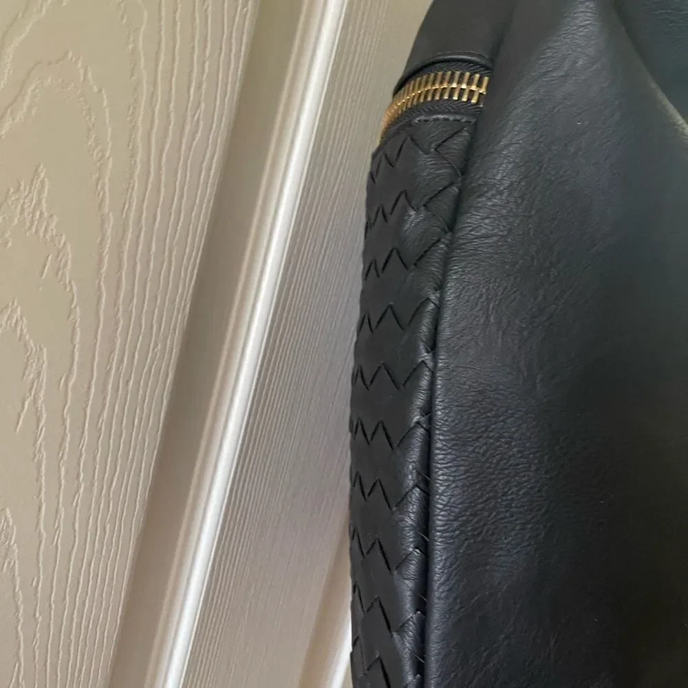 Madison West black faux leather basket weave large hobo bag gold tone hardwares